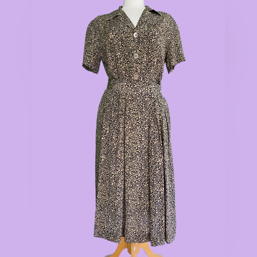 Vintage Christian Dior Separates 100% Silk Floral Brown Beige Shirt Skirt Set 10 - Picture 2 of 13